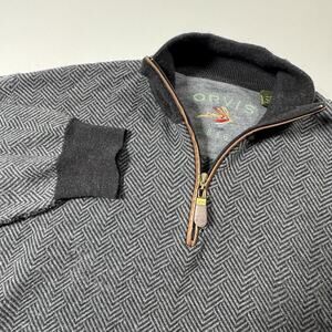 Orvis XL 100% Merino Wool Quarter Zip Sweater Gray Herringbone Knit